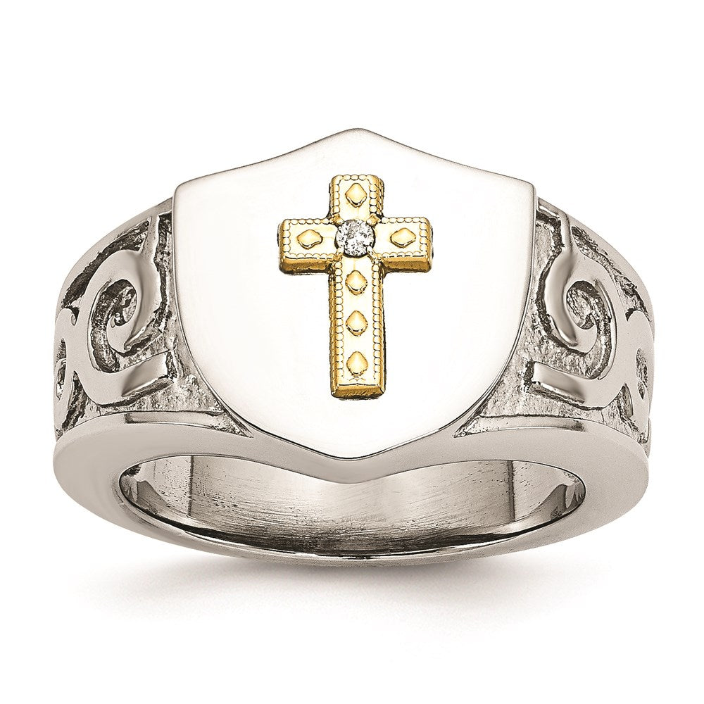 Men's Fashion Jewelry, Chisel Brand Stainless Steel with 10K Gold Cross and Diamond Polished Ring