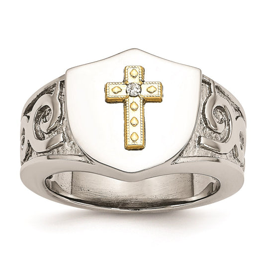 Men's Fashion Jewelry, Chisel Brand Stainless Steel with 10K Gold Cross and Diamond Polished Ring