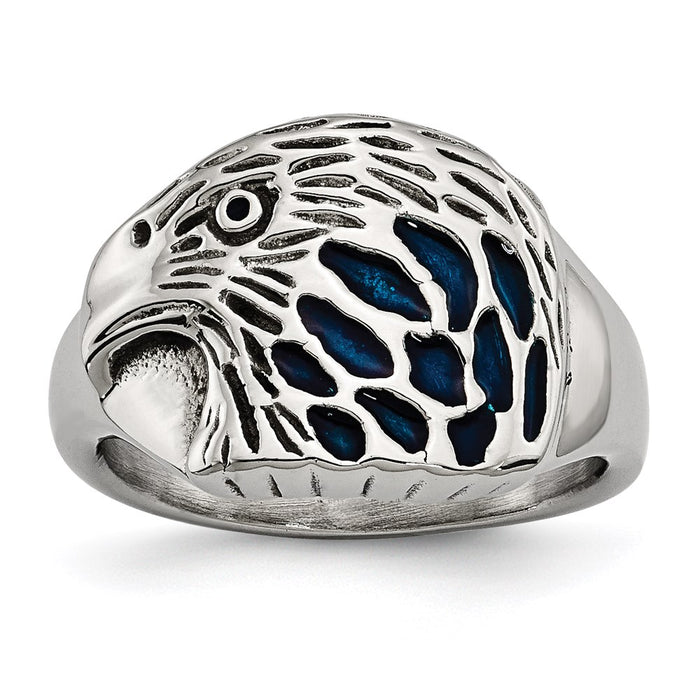 Men's Fashion Jewelry, Chisel Brand Stainless Steel Polished Blue Enamel Eagle Ring