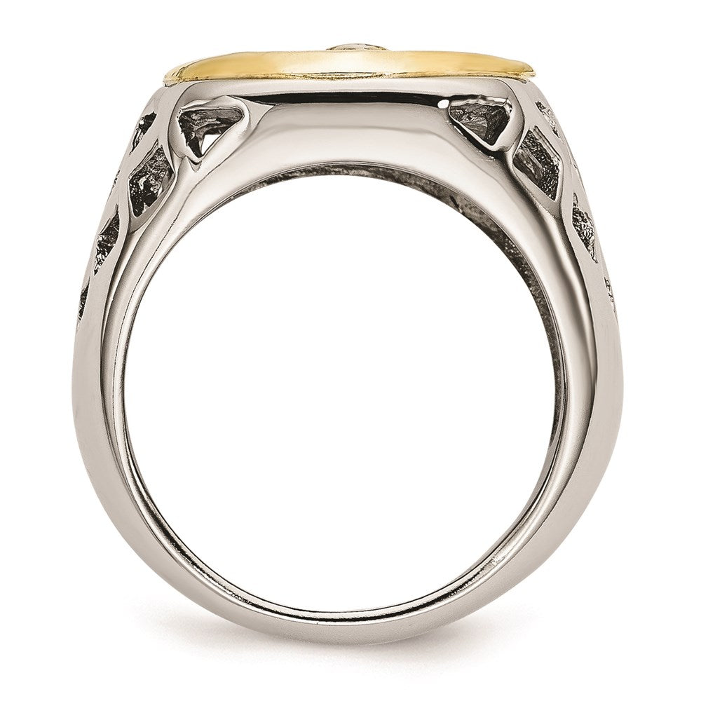 Men's Fashion Jewelry, Chisel Brand Stainless Steel with Sterling Silver Jesus Yellow IP-plated Polished Ring