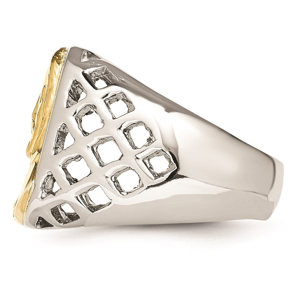 Men's Fashion Jewelry, Chisel Brand Stainless Steel with Sterling Silver Jesus Yellow IP-plated Polished Ring
