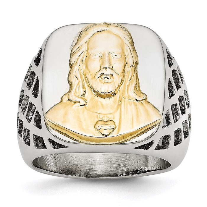 Men's Fashion Jewelry, Chisel Brand Stainless Steel with Sterling Silver Jesus Yellow IP-plated Polished Ring