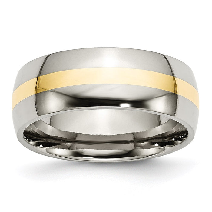 Unisex Fashion Jewelry, Chisel Brand Stainless Steel and 14k Yellow Inlay 8mm Polished Ring Band