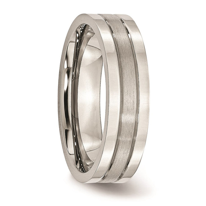 Unisex Fashion Jewelry, Chisel Brand Stainless Steel Grooved 6mm Satin and Polished Ring Band