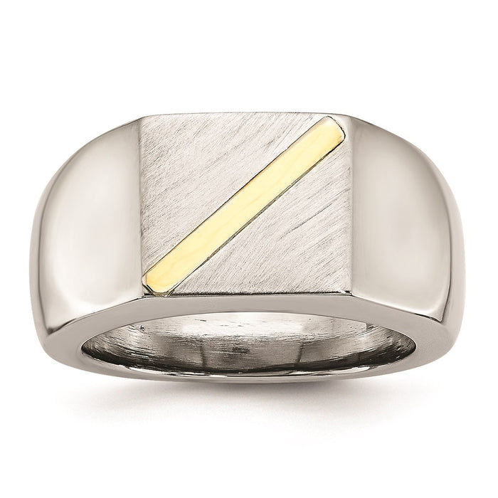 Men's Fashion Jewelry, Chisel Brand Stainless Steel Brushed and Polished with 14K Gold Stripe Signet Ring