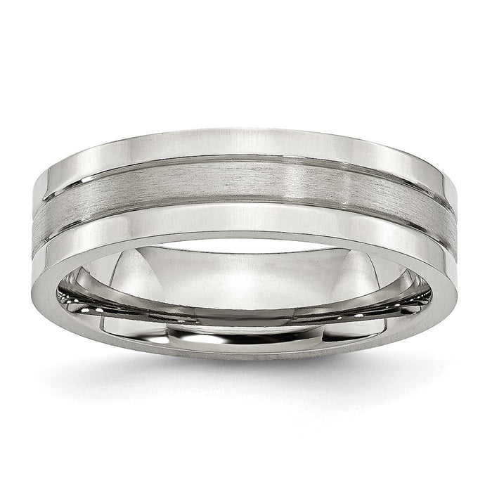 Unisex Fashion Jewelry, Chisel Brand Stainless Steel Grooved 6mm Satin and Polished Ring Band