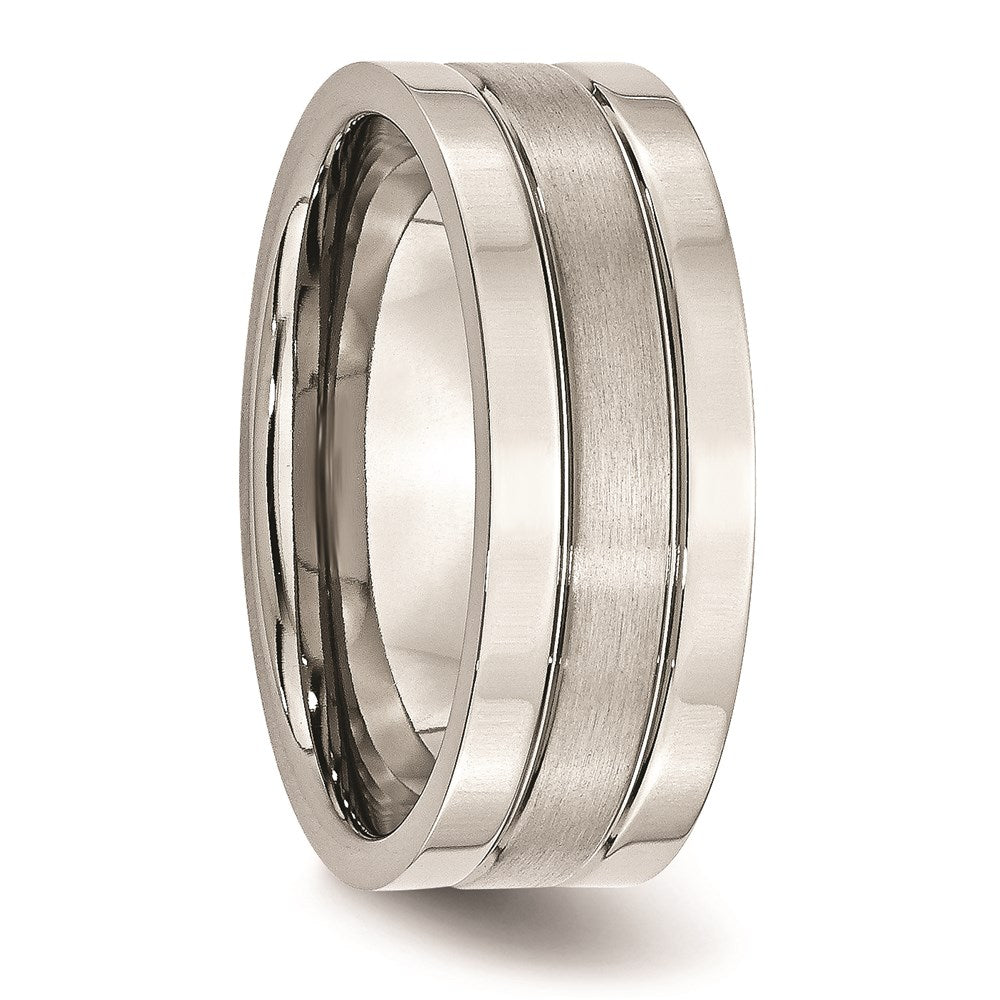 Unisex Fashion Jewelry, Chisel Brand Stainless Steel Grooved 8mm Satin and Polished Ring Band