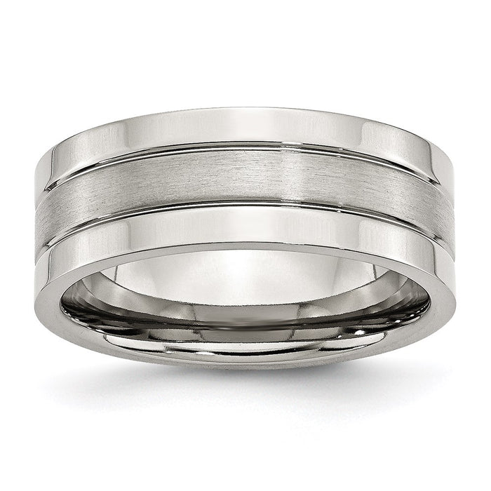 Unisex Fashion Jewelry, Chisel Brand Stainless Steel Grooved 8mm Satin and Polished Ring Band