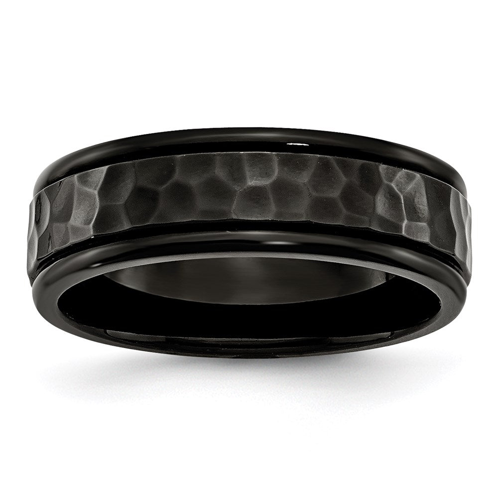 Unisex Fashion Jewelry, Chisel Brand Stainless Steel 7mm Black IP-plated Hammered and Polished Ring Band