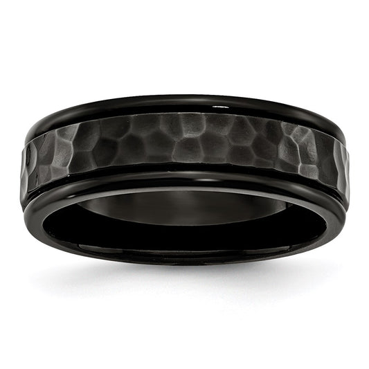 Unisex Fashion Jewelry, Chisel Brand Stainless Steel 7mm Black IP-plated Hammered and Polished Ring Band
