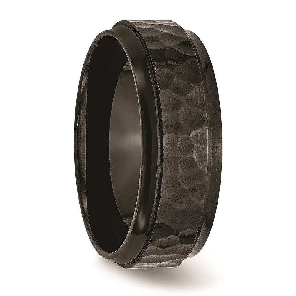 Unisex Fashion Jewelry, Chisel Brand Stainless Steel 8mm Black IP-plated Hammered/Polished Beveled Edge Ring Band