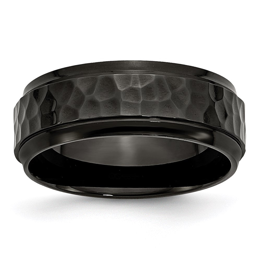 Unisex Fashion Jewelry, Chisel Brand Stainless Steel 8mm Black IP-plated Hammered/Polished Beveled Edge Ring Band