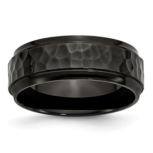 Unisex Fashion Jewelry, Chisel Brand Stainless Steel 8mm Black IP-plated Hammered/Polished Beveled Edge Ring Band
