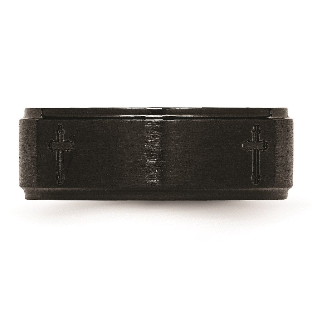 Unisex Fashion Jewelry, Chisel Brand Stainless Steel 8mm Brushed/Polished Cross Cut-Out Black IP-plated Ring Band