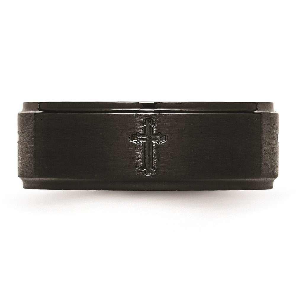 Unisex Fashion Jewelry, Chisel Brand Stainless Steel 8mm Brushed/Polished Cross Cut-Out Black IP-plated Ring Band