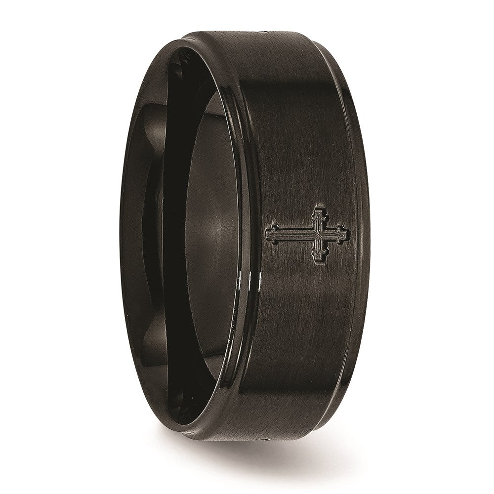Unisex Fashion Jewelry, Chisel Brand Stainless Steel 8mm Brushed/Polished Cross Cut-Out Black IP-plated Ring Band