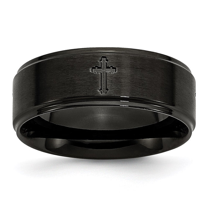 Unisex Fashion Jewelry, Chisel Brand Stainless Steel 8mm Brushed/Polished Cross Cut-Out Black IP-plated Ring Band