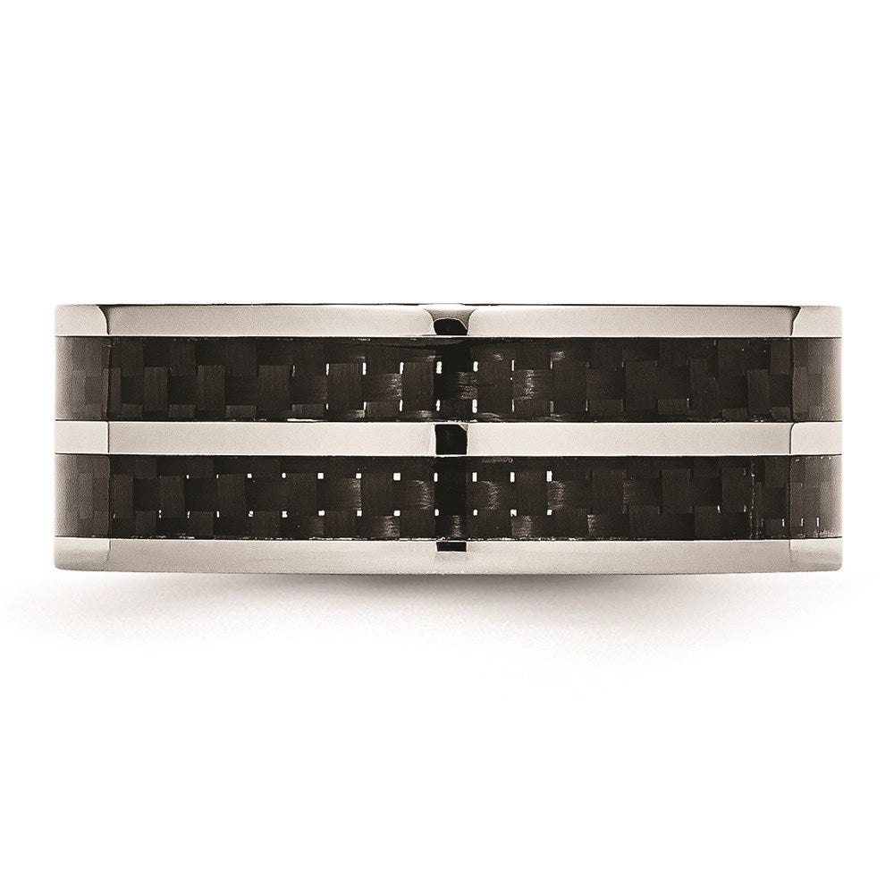 Unisex Fashion Jewelry, Chisel Brand Stainless Steel 8mm Double Row Black Carbon Fiber Inlay Polished Ring Band