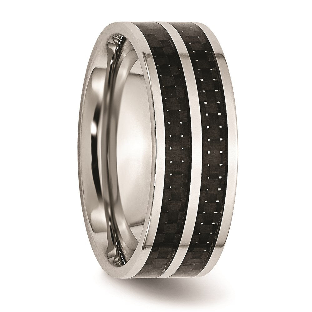 Unisex Fashion Jewelry, Chisel Brand Stainless Steel 8mm Double Row Black Carbon Fiber Inlay Polished Ring Band