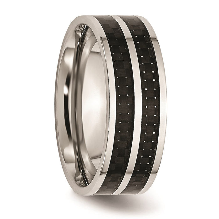 Unisex Fashion Jewelry, Chisel Brand Stainless Steel 8mm Double Row Black Carbon Fiber Inlay Polished Ring Band