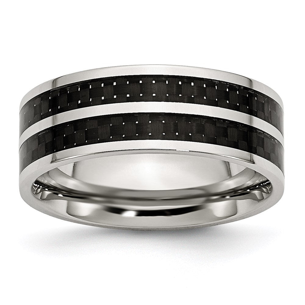 Unisex Fashion Jewelry, Chisel Brand Stainless Steel 8mm Double Row Black Carbon Fiber Inlay Polished Ring Band