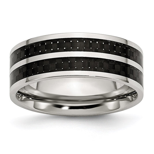 Unisex Fashion Jewelry, Chisel Brand Stainless Steel 8mm Double Row Black Carbon Fiber Inlay Polished Ring Band
