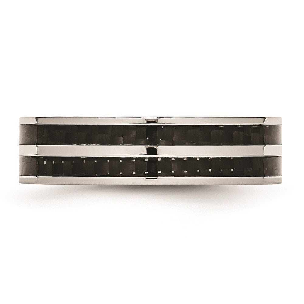 Unisex Fashion Jewelry, Chisel Brand Stainless Steel 6mm Double Row Black Carbon Fiber Inlay Polished Ring Band