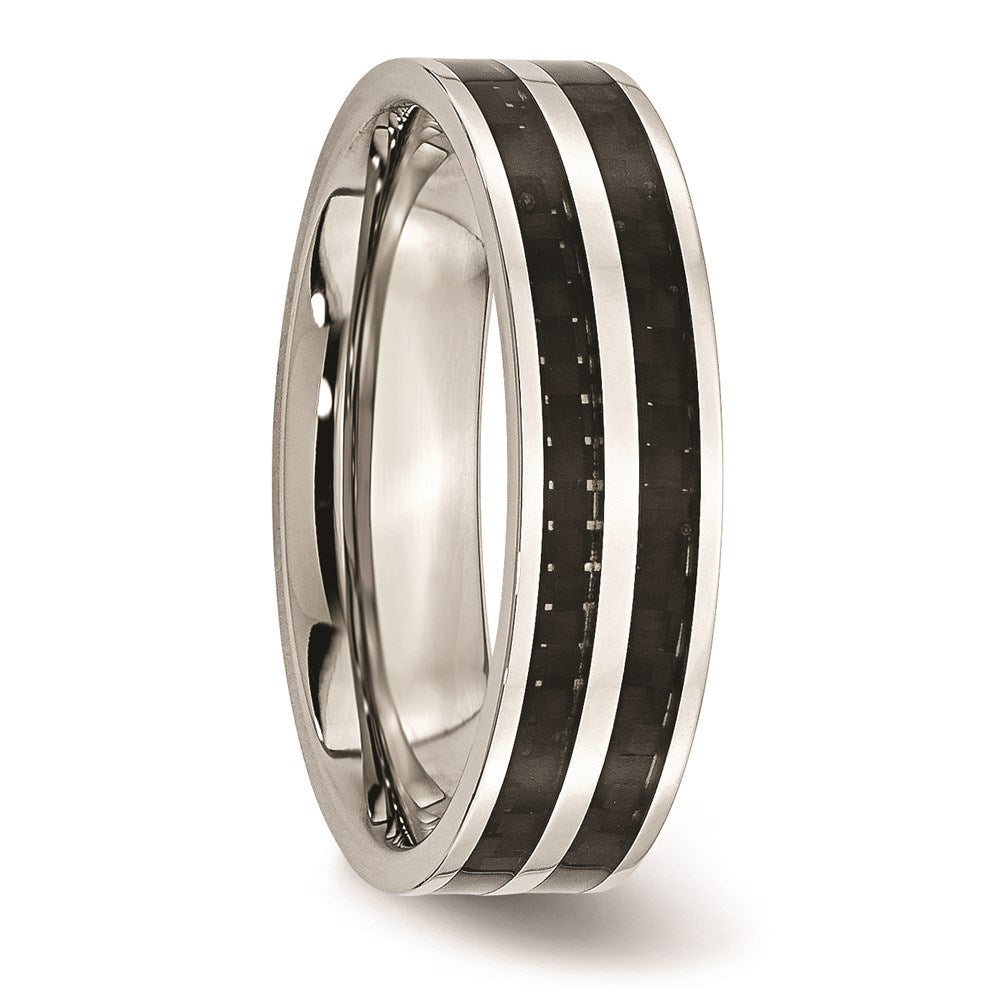 Unisex Fashion Jewelry, Chisel Brand Stainless Steel 6mm Double Row Black Carbon Fiber Inlay Polished Ring Band