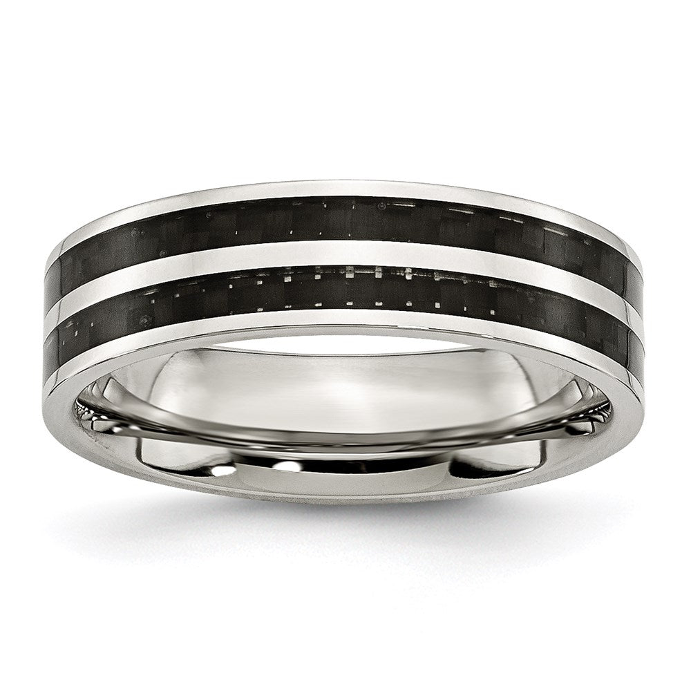 Unisex Fashion Jewelry, Chisel Brand Stainless Steel 6mm Double Row Black Carbon Fiber Inlay Polished Ring Band