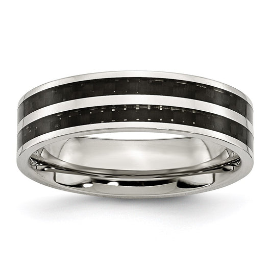 Unisex Fashion Jewelry, Chisel Brand Stainless Steel 6mm Double Row Black Carbon Fiber Inlay Polished Ring Band