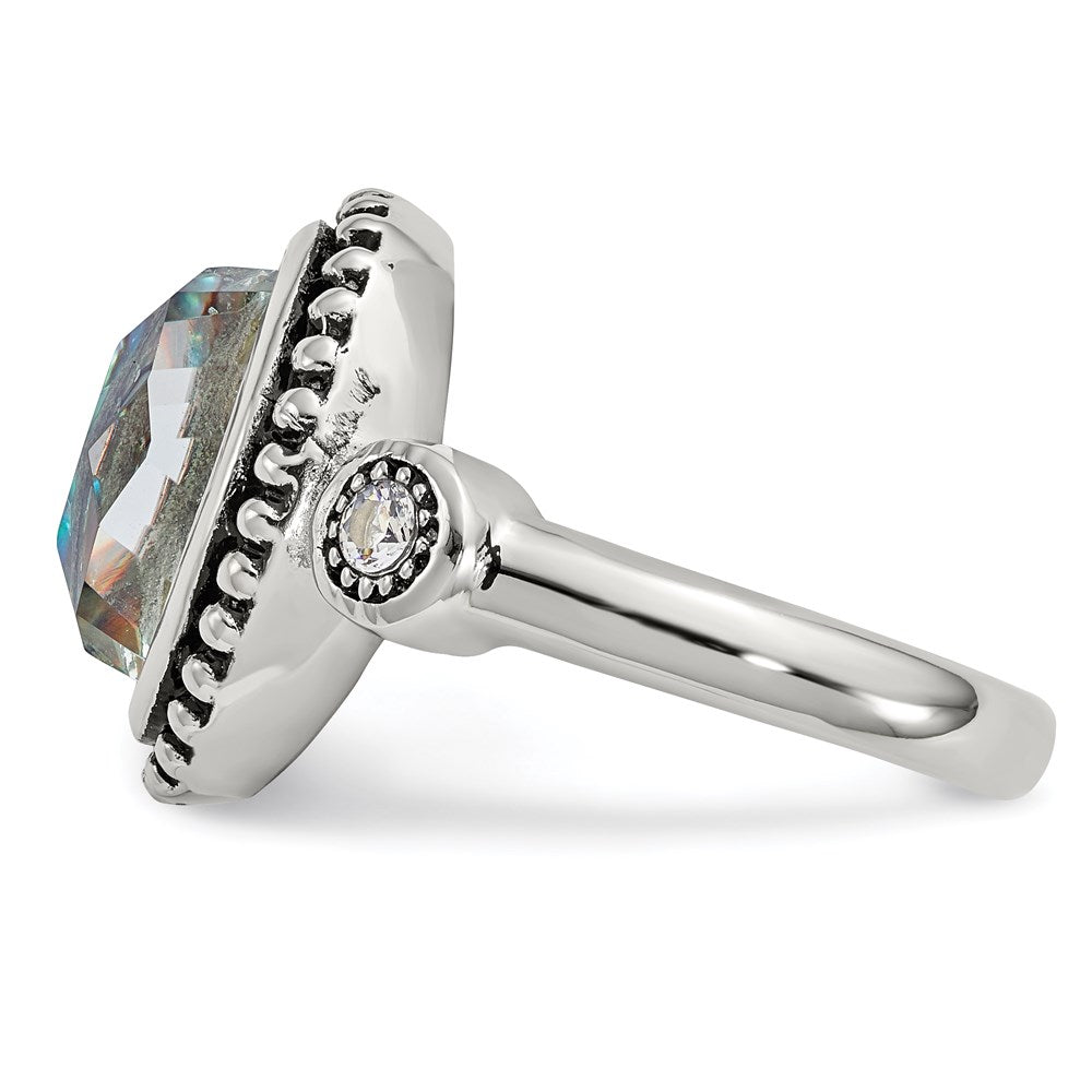 Women's Fashion Jewelry, Chisel Brand Stainless Steel Polished and Antiqued Imitation Abalone and CZ Ring