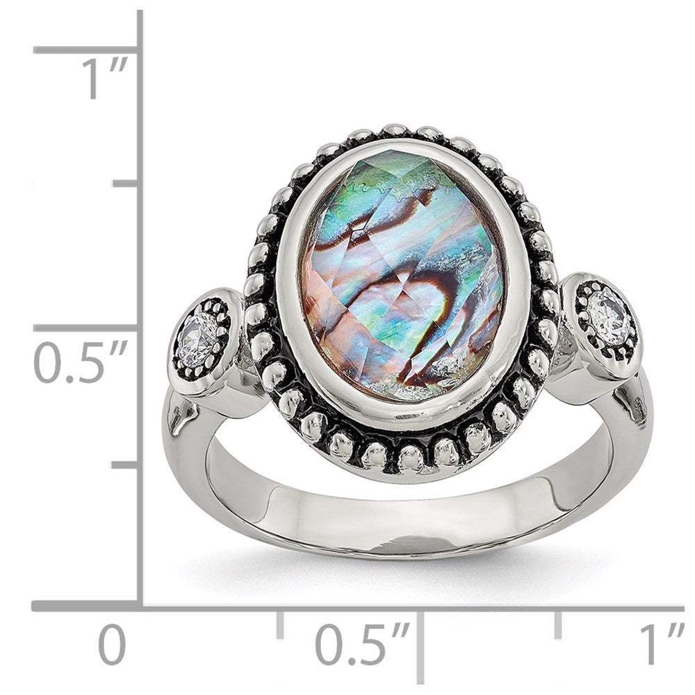Women's Fashion Jewelry, Chisel Brand Stainless Steel Polished and Antiqued Imitation Abalone and CZ Ring