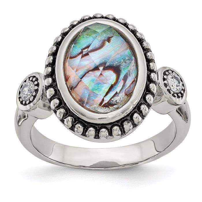 Women's Fashion Jewelry, Chisel Brand Stainless Steel Polished and Antiqued Imitation Abalone and CZ Ring