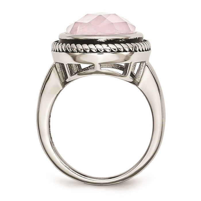 Women's Fashion Jewelry, Chisel Brand Stainless Steel Polished and Antiqued Rose Quartz Ring