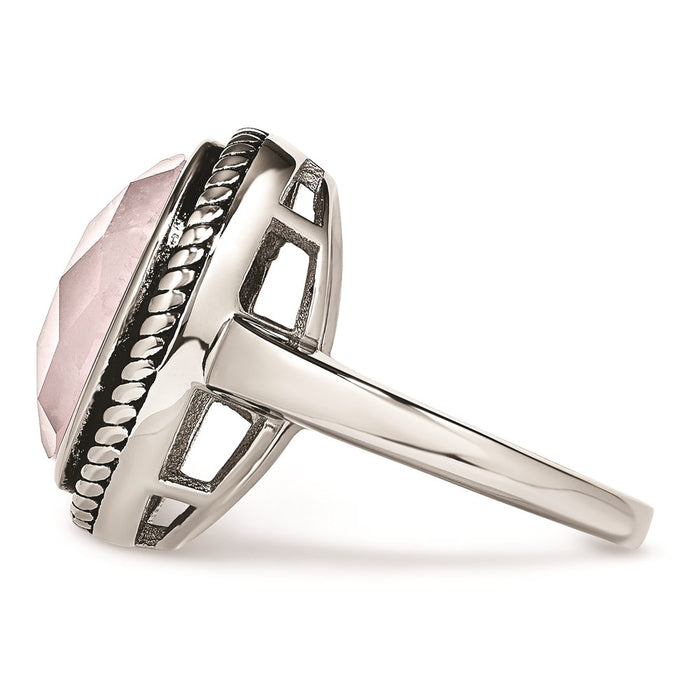 Women's Fashion Jewelry, Chisel Brand Stainless Steel Polished and Antiqued Rose Quartz Ring