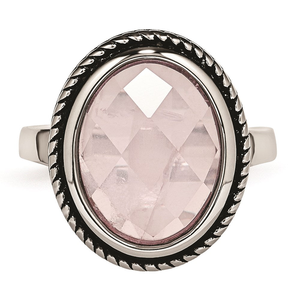 Women's Fashion Jewelry, Chisel Brand Stainless Steel Polished and Antiqued Rose Quartz Ring