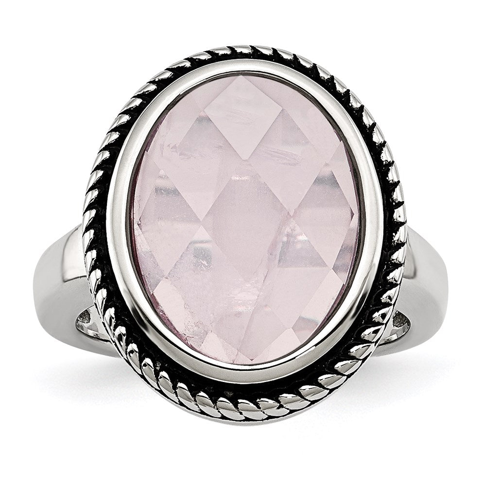 Women's Fashion Jewelry, Chisel Brand Stainless Steel Polished and Antiqued Rose Quartz Ring