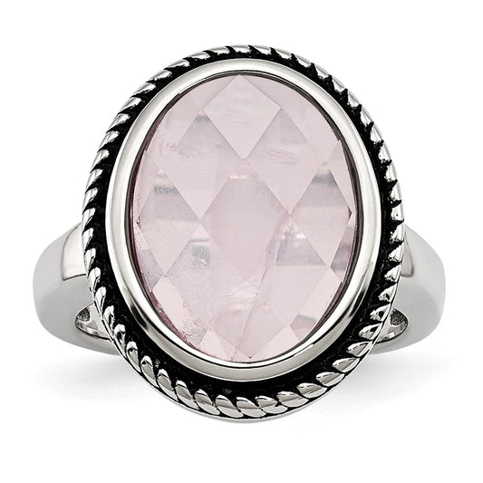 Women's Fashion Jewelry, Chisel Brand Stainless Steel Polished and Antiqued Rose Quartz Ring