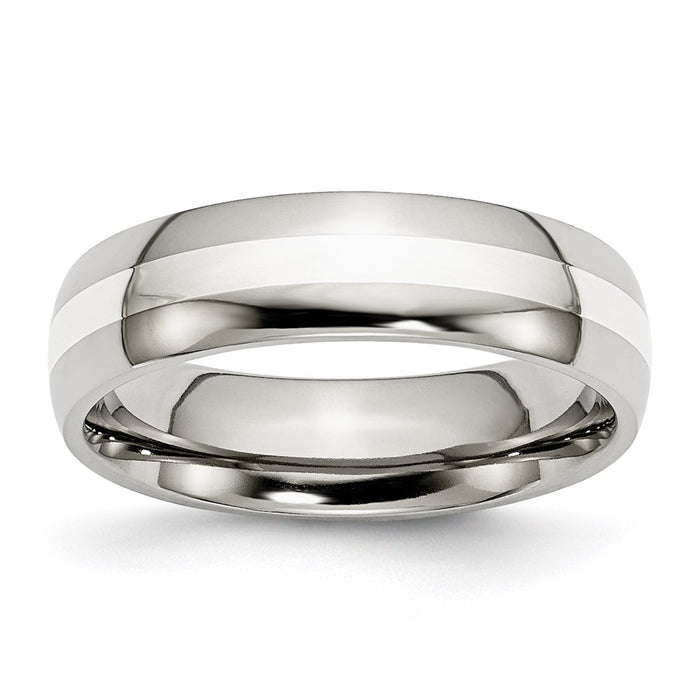 Unisex Fashion Jewelry, Chisel Brand Stainless Steel Sterling Silver Inlay 6mm Polished Ring Band