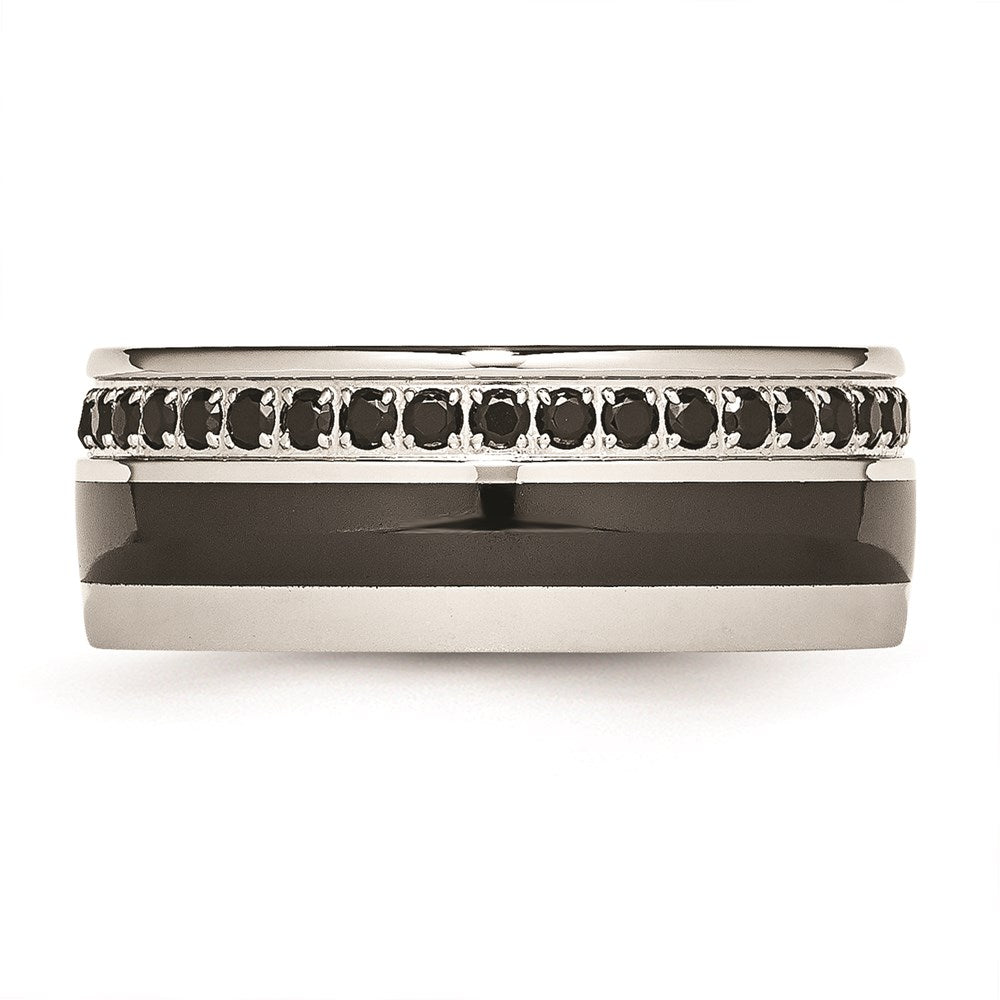Unisex Fashion Jewelry, Chisel Brand Stainless Steel Polished Black Ceramic Inlay CZ 9.00mm Ring Band