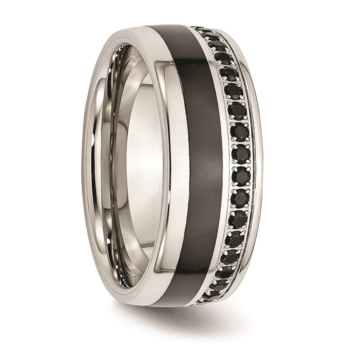 Unisex Fashion Jewelry, Chisel Brand Stainless Steel Polished Black Ceramic Inlay CZ 9.00mm Ring Band