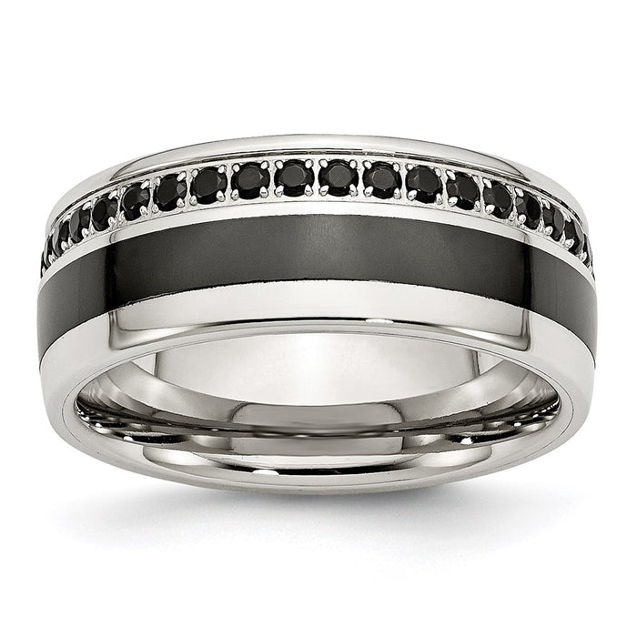 Unisex Fashion Jewelry, Chisel Brand Stainless Steel Polished Black Ceramic Inlay CZ 9.00mm Ring Band