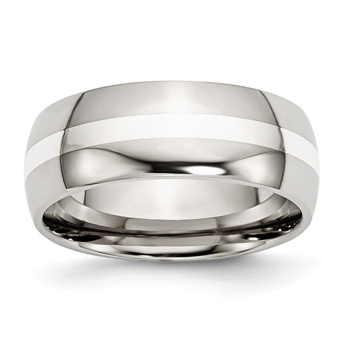 Unisex Fashion Jewelry, Chisel Brand Stainless Steel Sterling Silver Inlay 8mm Polished Ring Band