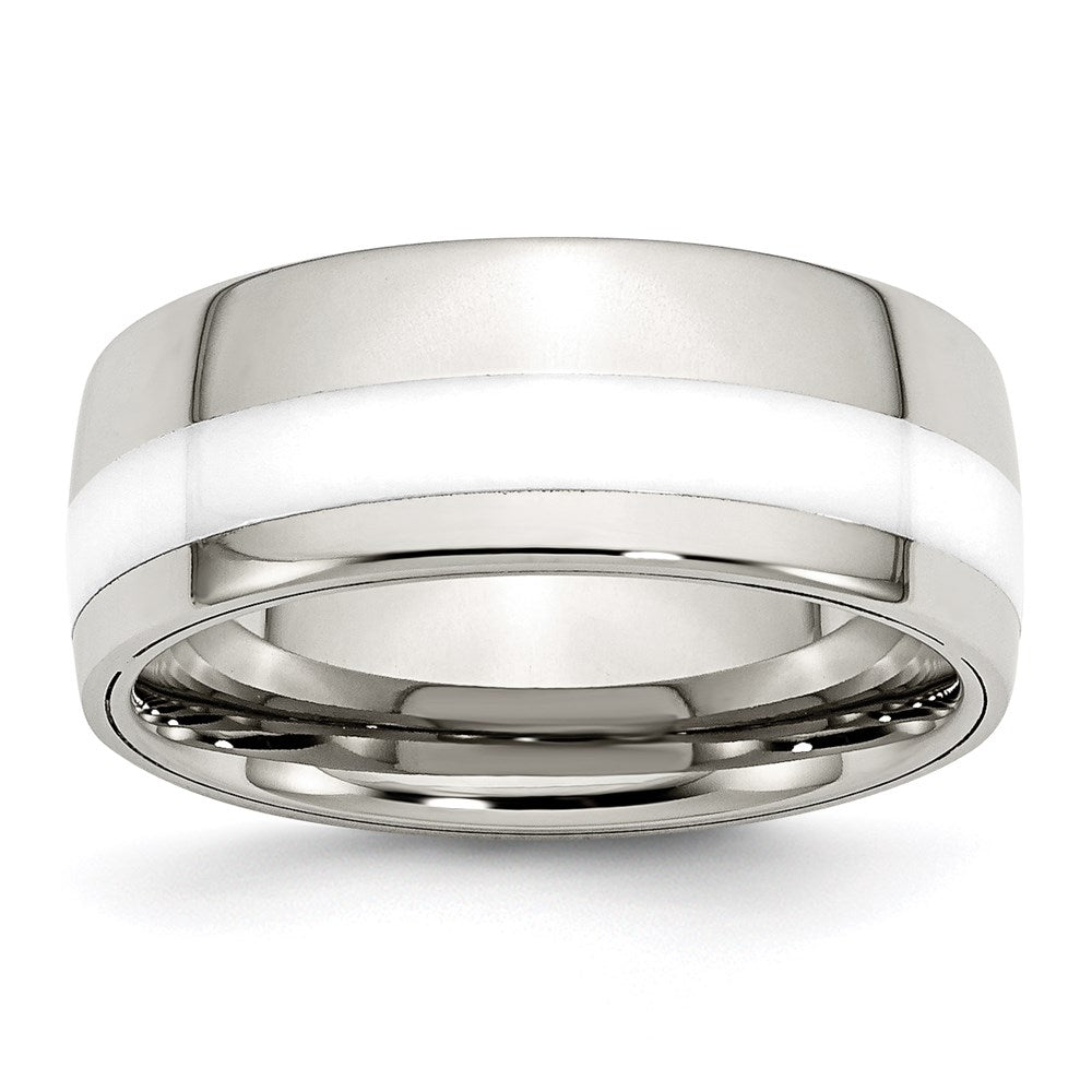 Unisex Fashion Jewelry, Chisel Brand Stainless Steel Polished White Ceramic Inlay 9.00mm Ring Band