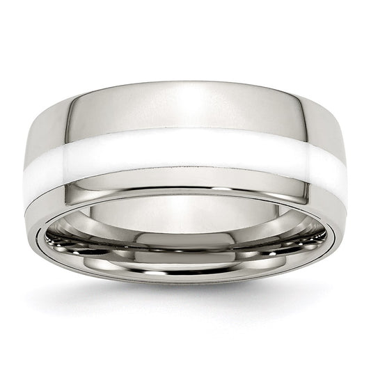 Unisex Fashion Jewelry, Chisel Brand Stainless Steel Polished White Ceramic Inlay 9.00mm Ring Band