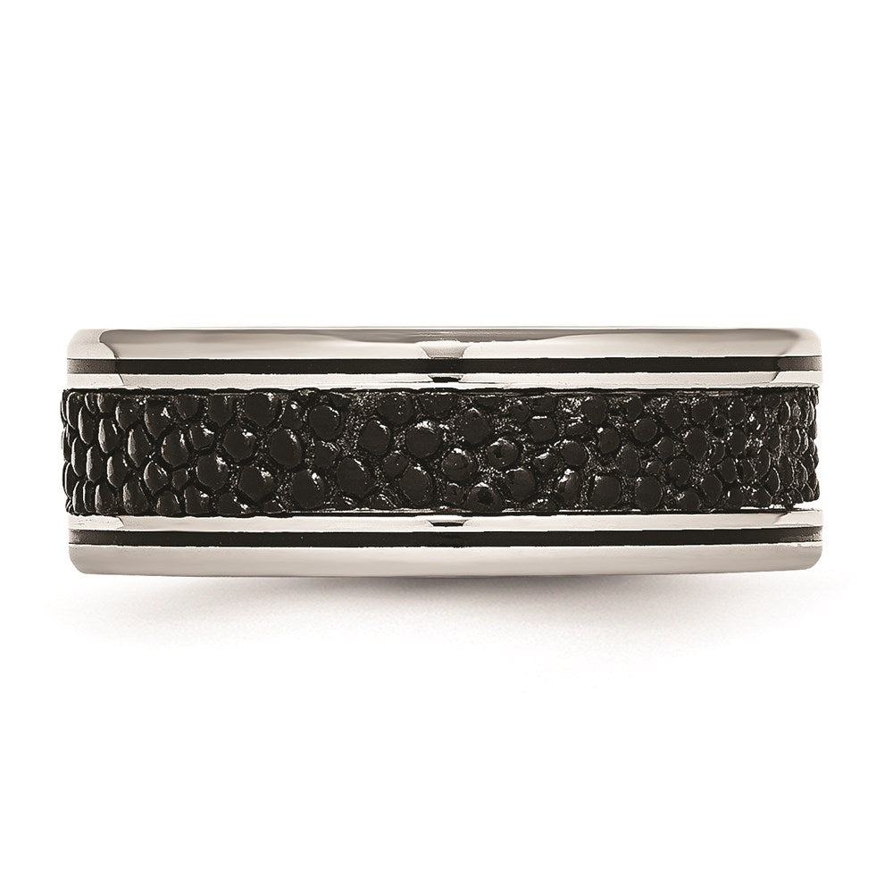 Unisex Fashion Jewelry, Chisel Brand Stainless Steel Polished Grooved/Genuine Stingray Textured 8mm Ring