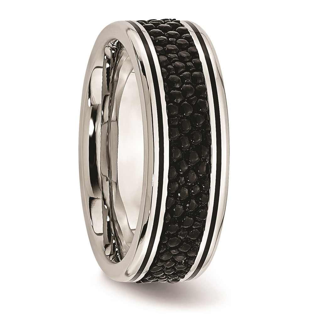Unisex Fashion Jewelry, Chisel Brand Stainless Steel Polished Grooved/Genuine Stingray Textured 8mm Ring