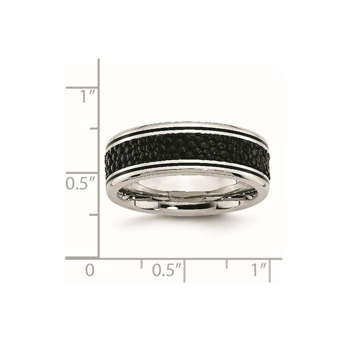 Unisex Fashion Jewelry, Chisel Brand Stainless Steel Polished Grooved/Genuine Stingray Textured 8mm Ring
