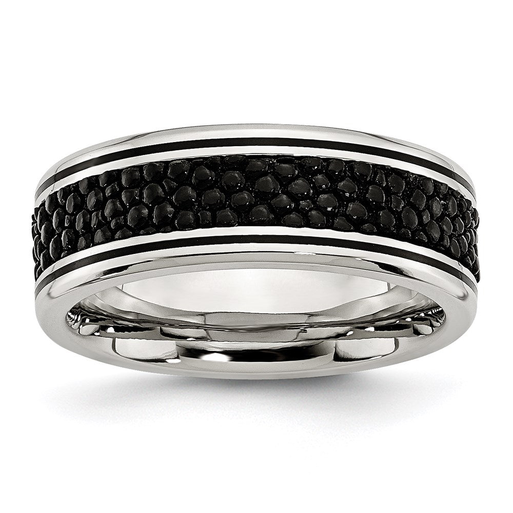 Unisex Fashion Jewelry, Chisel Brand Stainless Steel Polished Grooved/Genuine Stingray Textured 8mm Ring