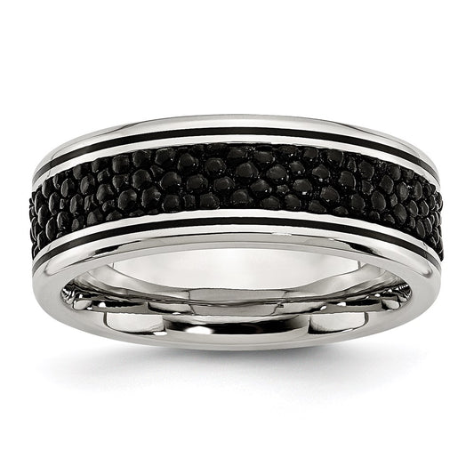 Unisex Fashion Jewelry, Chisel Brand Stainless Steel Polished Grooved/Genuine Stingray Textured 8mm Ring